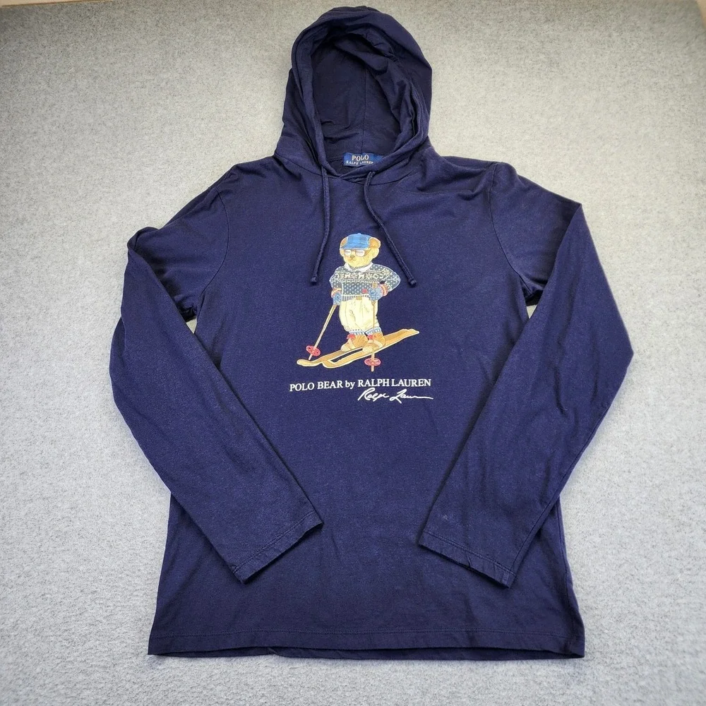 Polo Ralph Lauren Mens M Ski Bear Jersey Hooded‎ T-Shirt Long Sleeve Blue